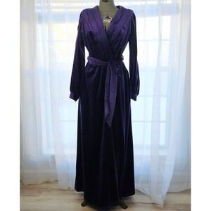 Vintage Miss Elaine Purple Velvet Velour 80's Robe Wrap Long‎ Sleeve Maxi Belted